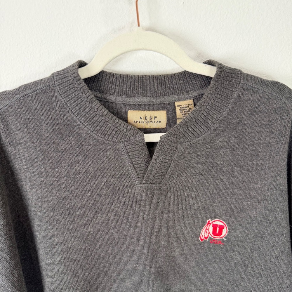 Vesi Sportswear Utah Utes Mens Large Gray Cotton Knit Pullover Sweater V-Notch